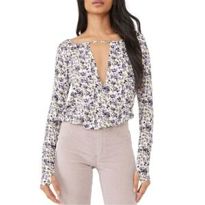 Free People Kaya Intimately White Purple Floral Long Sleeve Bodysuit Size M NWT
